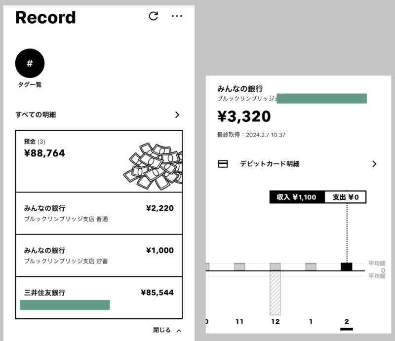 みんなの銀行「レコード機能」毎日のお金の収支見える化できる
